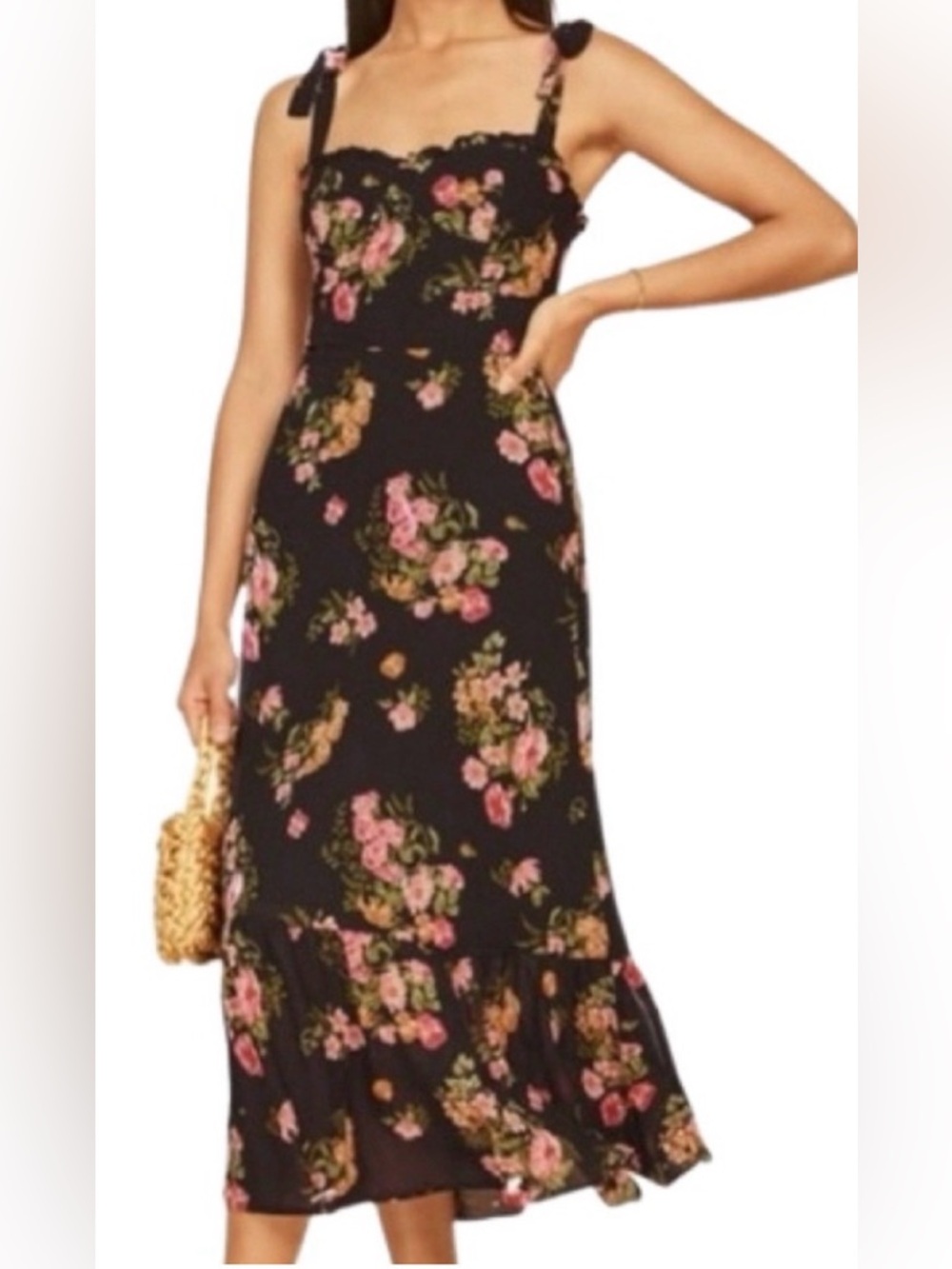 Reformation Nikita Black Floral Tie-Shoulder Midi Dress 12 EUC